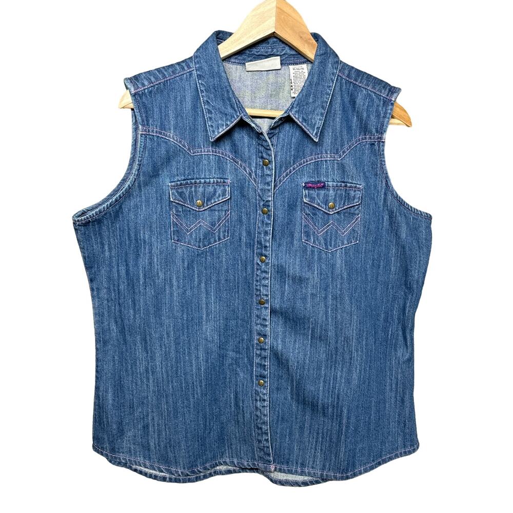 Wrangler Denim Sleeveless Shirt Vest Snap Button Pink Thread Women XL